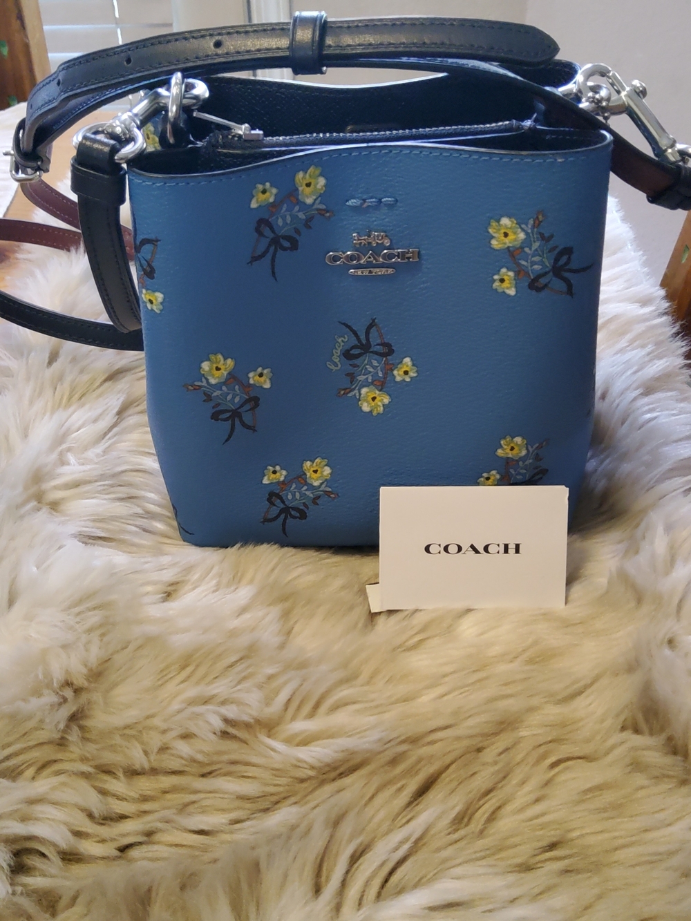 Coach Blue Floral Pebbled Leather Crossbody with Black Strap
